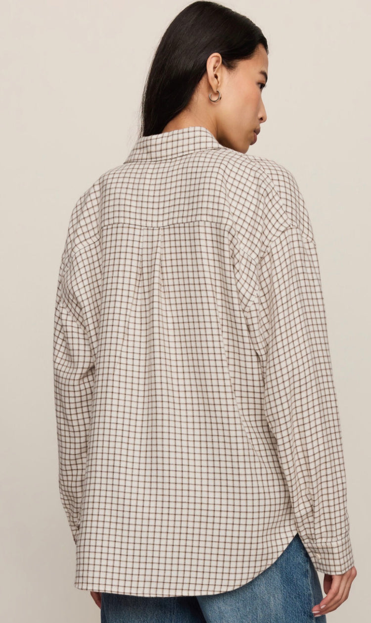 Zt253834 River Plaid Button Up Top- Frosted Pearl