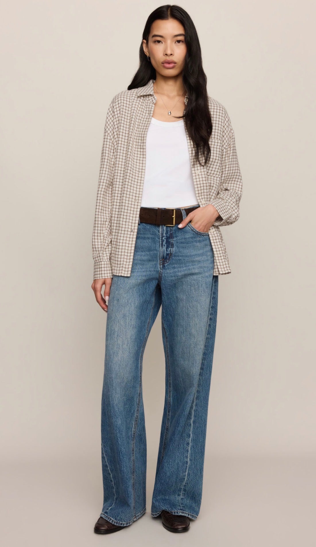 Zt253834 River Plaid Button Up Top- Frosted Pearl
