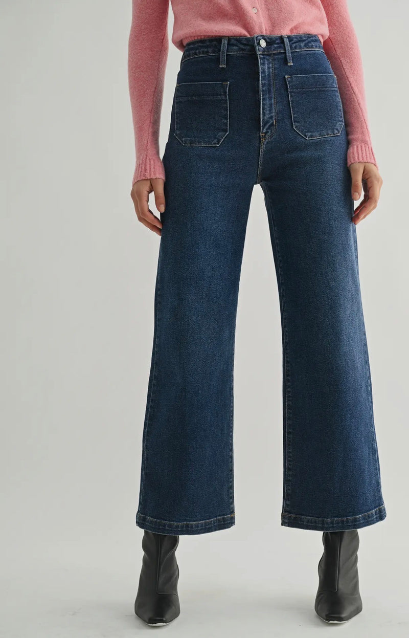 BP433j-DK Patch Work Wide Leg Jean- Dark Wash