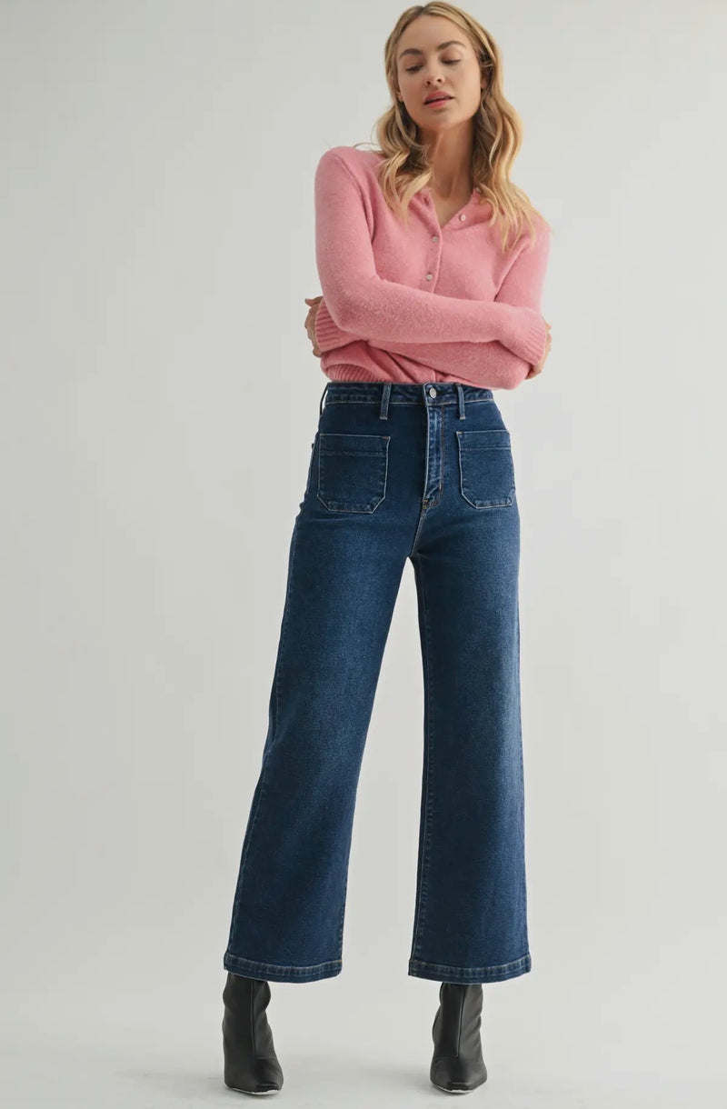 BP433j-DK Patch Work Wide Leg Jean- Dark Wash