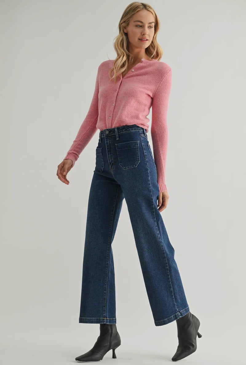 BP433j-DK Patch Work Wide Leg Jean- Dark Wash