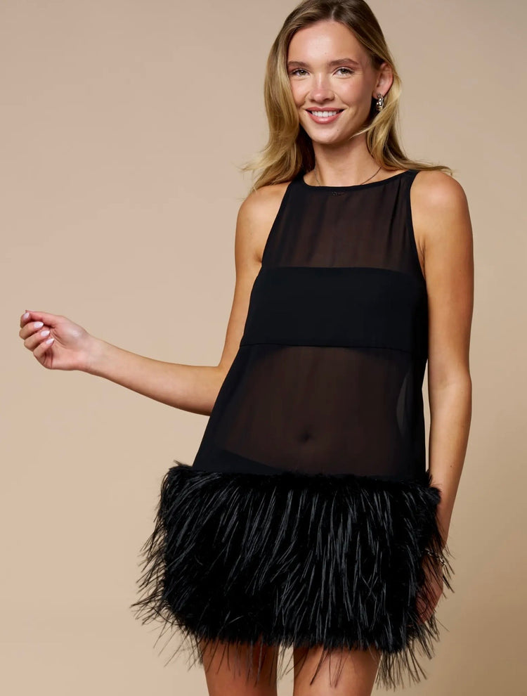 Feather Hem Shift Sheer SleevelessMini Dress