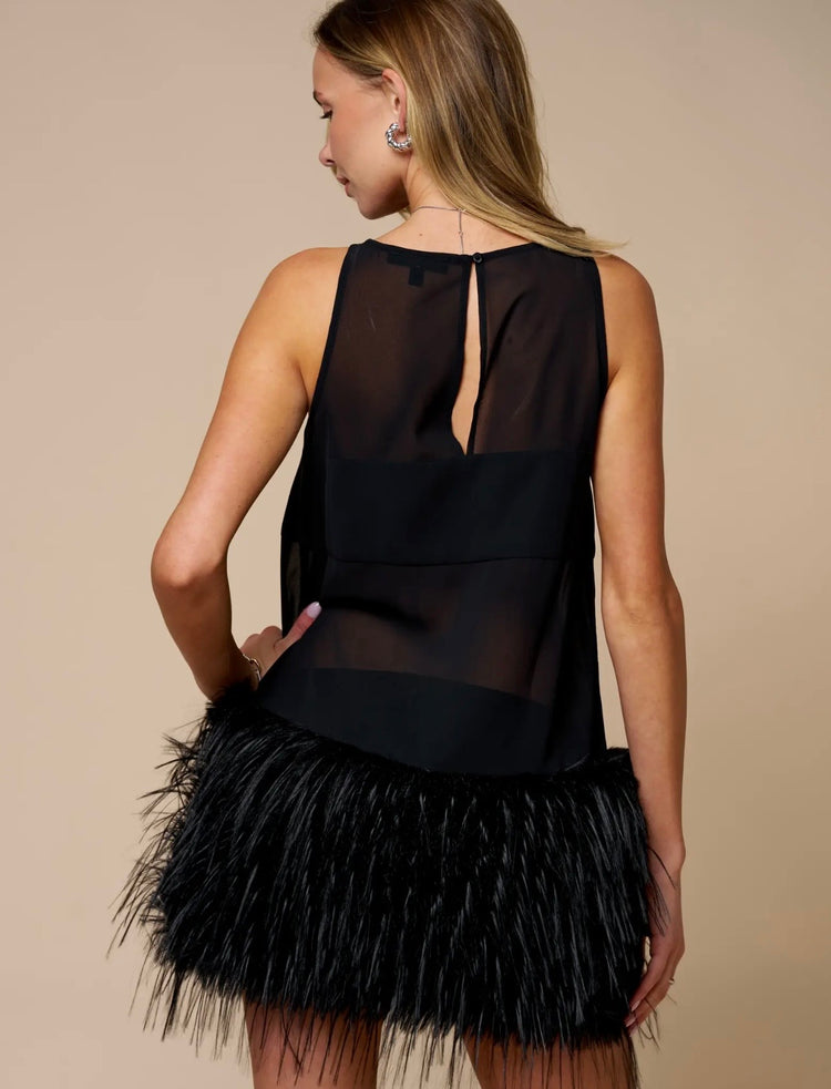 Feather Hem Shift Sheer SleevelessMini Dress
