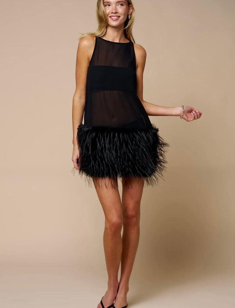 Feather Hem Shift Sheer SleevelessMini Dress