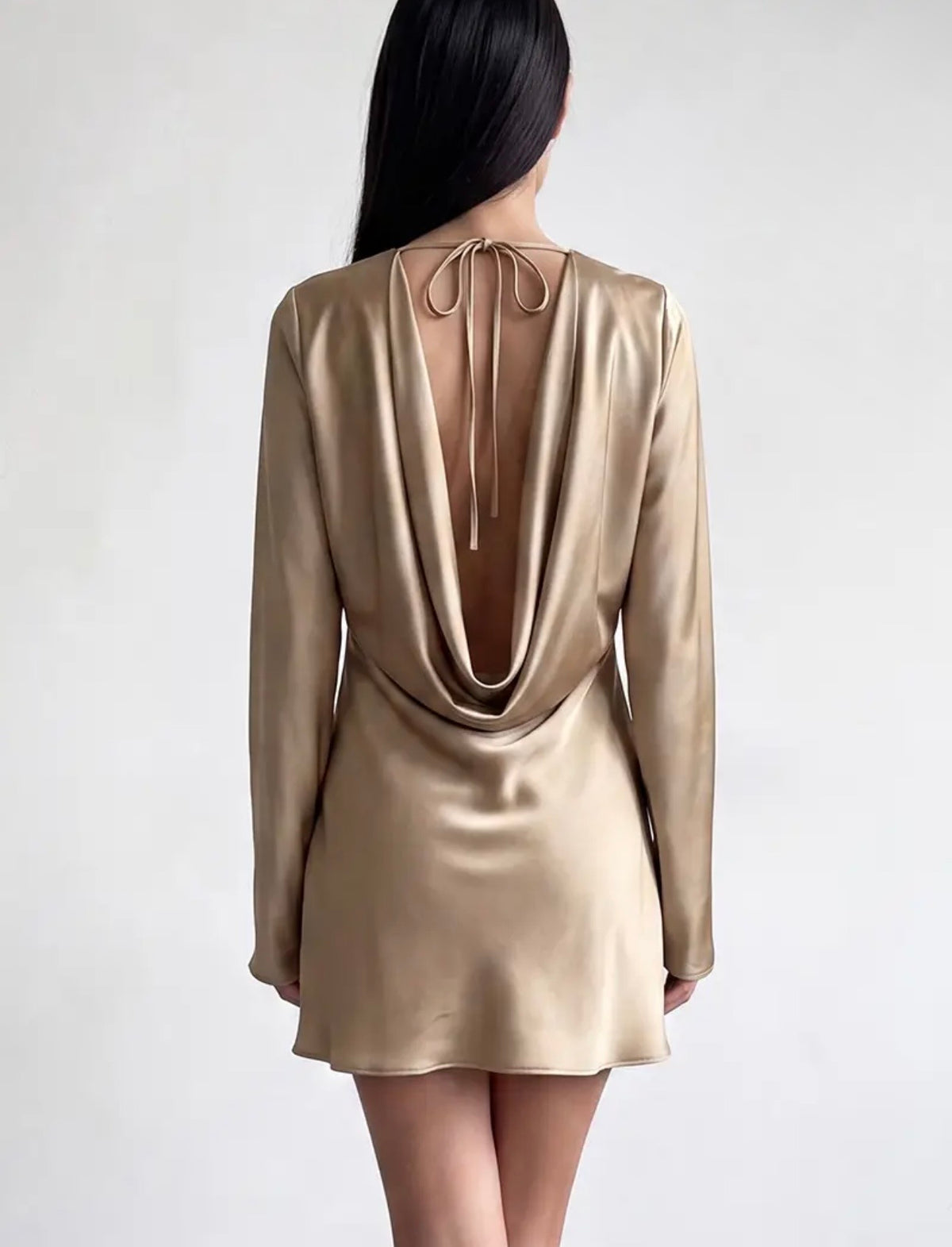 Satin Cowl Neckline Long Sleeve BiasMini Dress