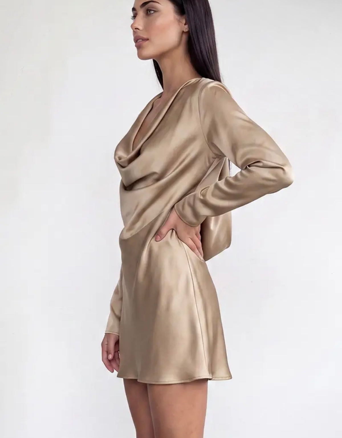 Satin Cowl Neckline Long Sleeve BiasMini Dress