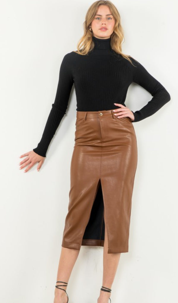 WCT2652 Vegan Leather Midi Skirt