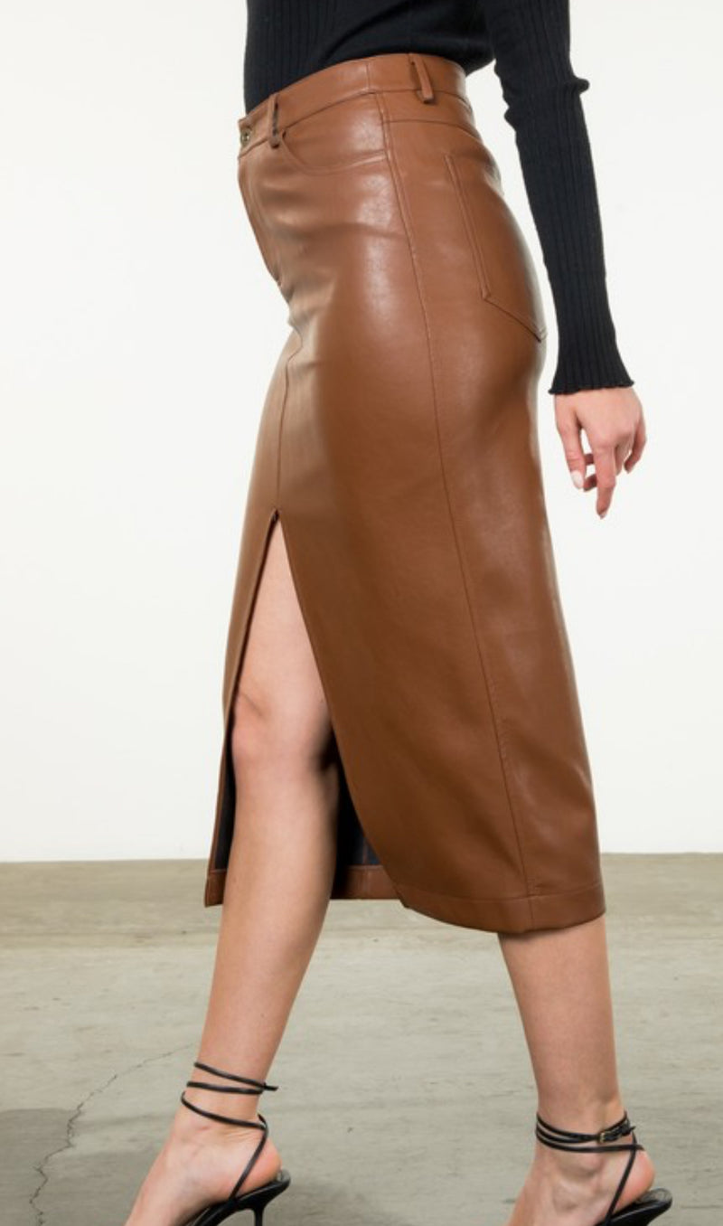 WCT2652 Vegan Leather Midi Skirt