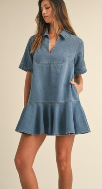 MD5246A Ruffle Hem Line Denim Mini Dress