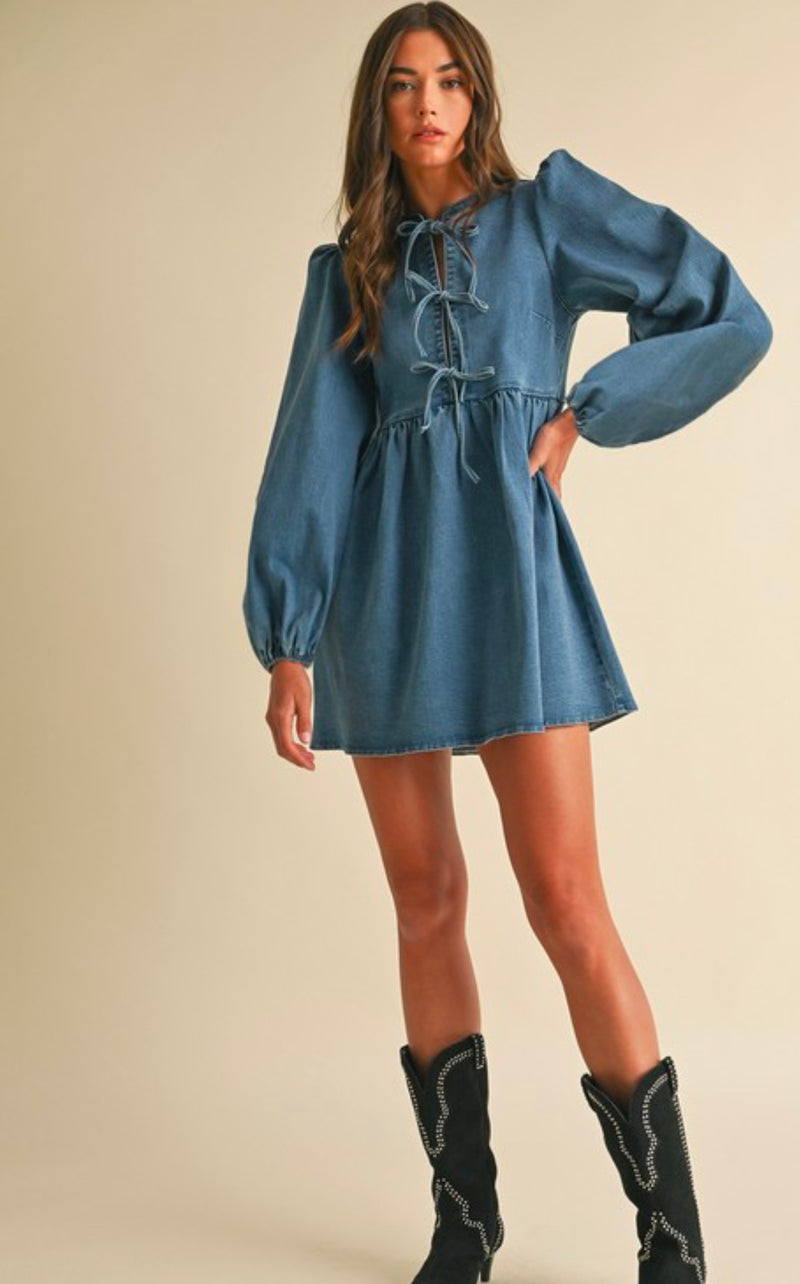 LD1727 Denim Mini Bow Dress