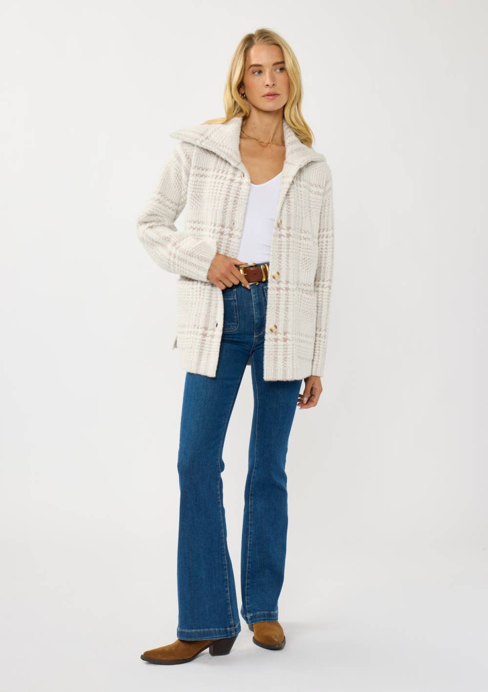 Plaid Button-Up Sweater Jacket