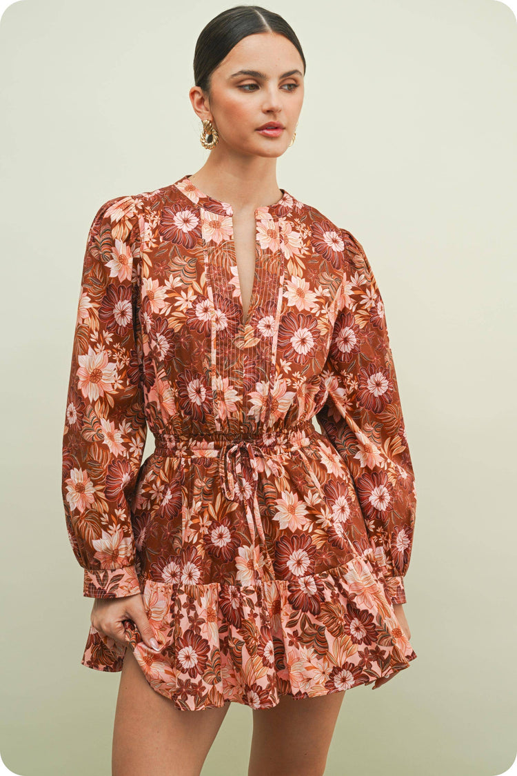 Retro Flora Print Block Long Sleeve Ruffled Mini Dress