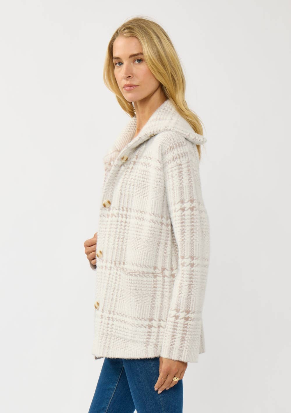 Plaid Button-Up Sweater Jacket